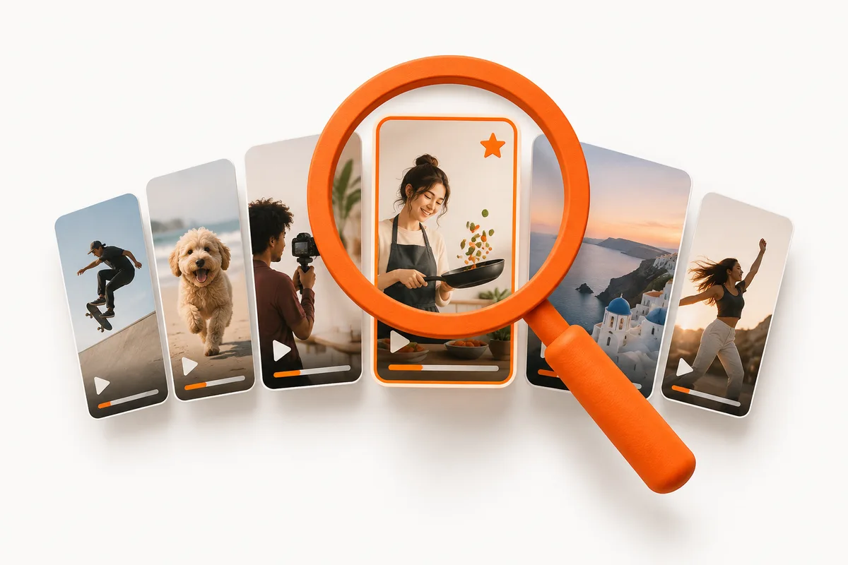A magnifying glass picks a standout video from a collection of short videos.